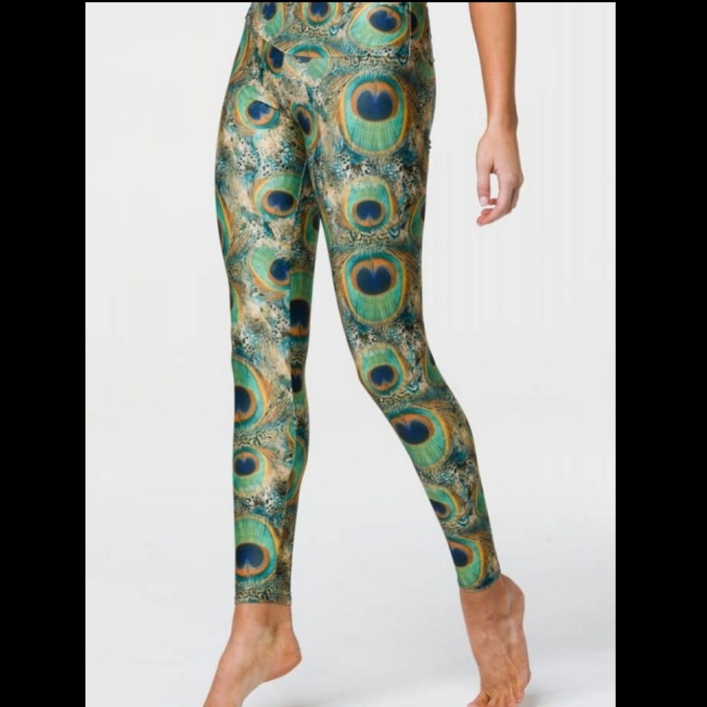Onzie Peacock Feather Print Leggings in Green and Blue